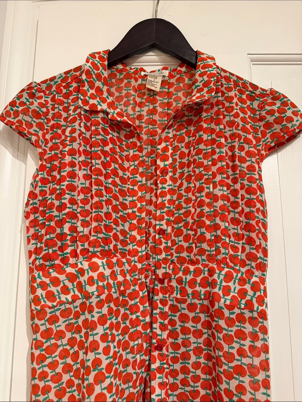 Button-Front Cherry Print Women's Shirt - Orange-Red/Green
